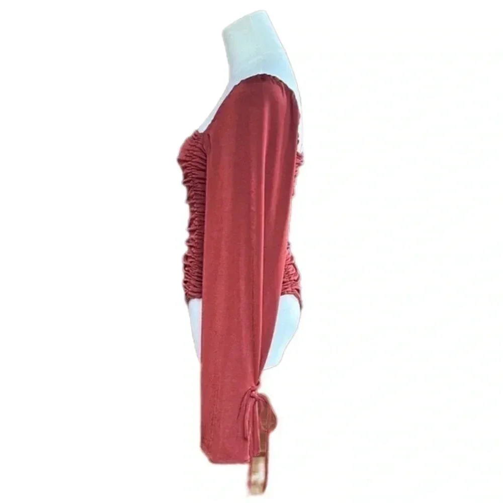 Free People Ruched Long Sleeve Bodysuit Cherry Chai Bottom Snap Closure Small - Picture 7 of 13